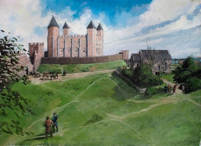 Gereconstrueerd aanzicht van de Tower of London in ca. 1100 door Ivan Lapper