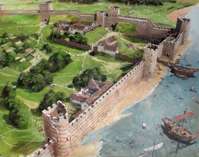 Gereconstrueerd aanzicht van de zuidoostelijke hoek van Romeins Londen en de toekomstige locatie van de Tower of London, zoals het eruit zou hebben gezien rond 400 na Christus door Ivan Lapper