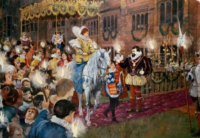 Robert Dudley verwelkomt koningin Elizabeth I in Kenilworth Castle, Warwickshire, juli 1575 door Ivan Lapper