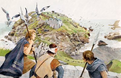 Kasteel Tintagel in 1230 AD (aquarel op papier) door Ivan Lapper