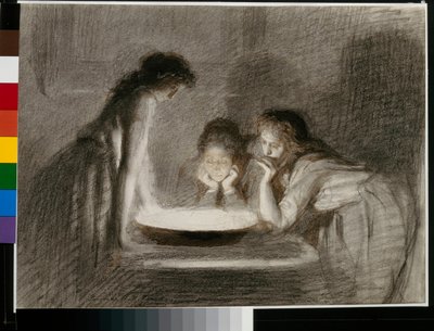 Kerstavond waarzeggerij - Potlood, penseel, sepia op papier door Ivan Nikolayevich Kramskoi (Kramskoy) (1837-1887) door Ivan Nikolaevich Kramskoy