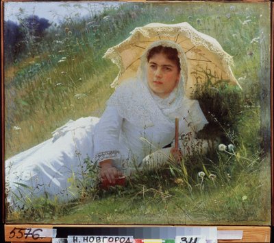 Een warme dag. Op het gras. Middag door Ivan Nikolaevich Kramskoy
