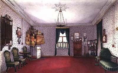 Een Russische woonkamer met een iconenhoek door Ivan Petrovich Volski