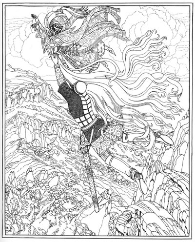 Vlucht van Chernomor en Ruslan. Illustratie bij het gedicht Ruslan en Lyudmila van A. Pushkin door Ivan Yakovlevich Bilibin