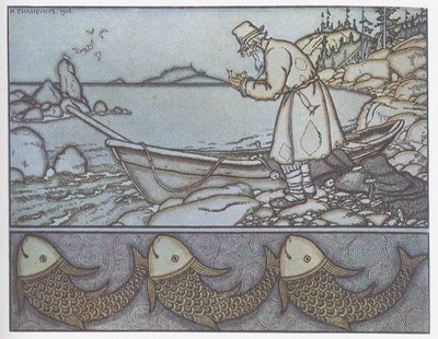 Illustratie bij Het Verhaal van de Visser en de Vis door Ivan Yakovlevich Bilibin