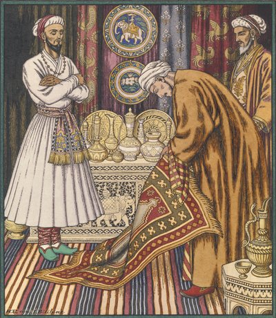 Prins Ali koopt een tapijt. Illustratie voor Arabische sprookjes door Ivan Yakovlevich Bilibin