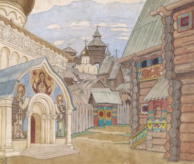Russisch dorp. Decorontwerp voor de opera Het verhaal van Tsaar Saltan door N. Rimsky-Korsakov door Ivan Yakovlevich Bilibin