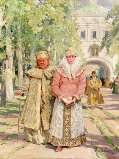 Moeder en dochter terugkerend van de kerk door Ivanovich Vasili Navazov