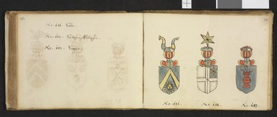 Illustratie uit een privéarchief in de Nationale Bibliotheek met de titel Insignia quædam virorum illustrium in Norvegia quodam habitantium van Iver Nielssøn Hirtzholm door Iver Hirtzholm