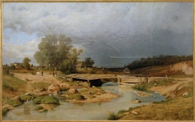 Landschap met houten brug door Ivan Ivanovich Shishkin