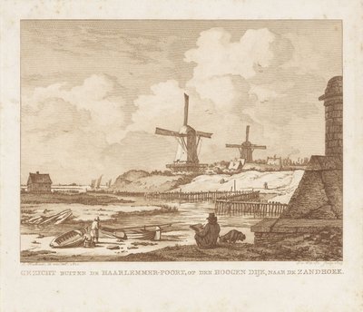 Gezicht buiten de Haarlemmerpoort te Amsterdam met een zittende tekenaar door Izaak Jansz. de Wit