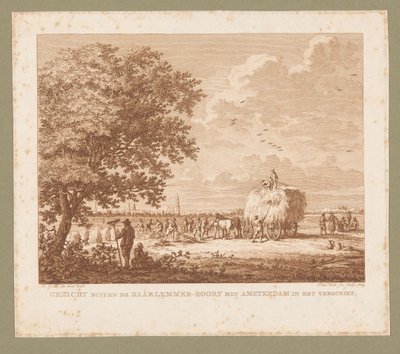 Landschap met hooiende boeren met Amsterdam aan de horizon door Izaak Jansz. de Wit