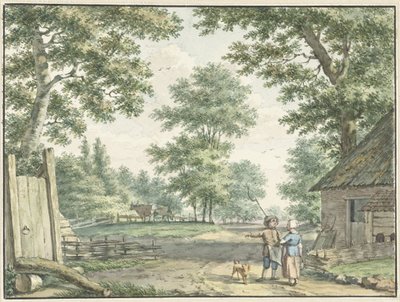 Landschap met twee personen bij een boerenwoning door Izaak Schmidt