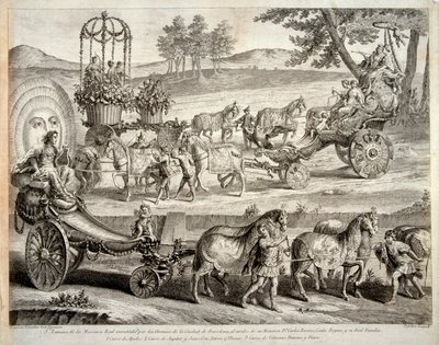 De wagen van Apollo - Uit het album "Masque royal" (Mascara real) - Gravure op koper door A J De Fehrt (Defehrt) (1723-1774) door J.A. Defehrt