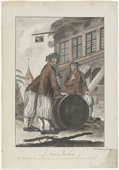 Drie mannen in Zwitserse kleding voor een huis door J.A. Zoutman