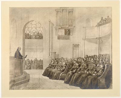Diaconissen-Kirche, Pastor Fliedner preekt voor de diaconessen in de kapel in Kaiserswerth, 1840 door J.B. Sonderland
