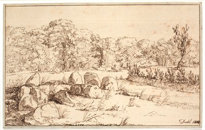 Landschap met resten van een hunebed door Johan Christian Dahl