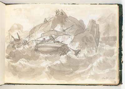 Scheepswrak bij een Rotsachtige Kust. Enkele Mannen staan op een Rots en Kijken Toe door Johan Christian Dahl