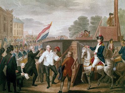 Franse Revolutie: Koning Lodewijk XVI met zijn biechtvader Edgeworth op 21/01/1793. De koning stijgt naar het schavot. Illustratie door J. F. Cazenave (1770-?) 1793 door J.F. Cazenave