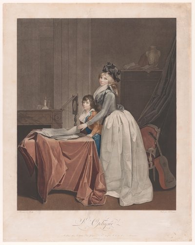 Portret van Louise Sébastienne Danton met stiefzoon achter een opticaspiegel door J.F. Cazenave