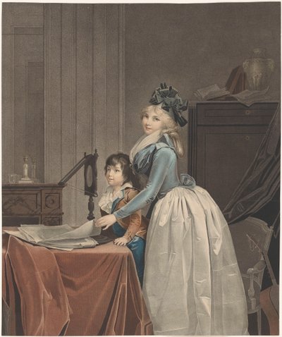 Portret van Louise Sébastienne Gély met stiefzoon achter een opticaspiegel door J.F. Cazenave