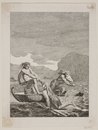 De schipbreukeling Niels Klim wordt gered door twee Qvamiter in een wilgenboot door J.F. Clemens