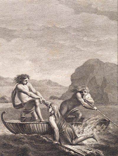 De schipbreukeling Niels Klim wordt gered door twee Qvamiter in een wilgenboot door J.F. Clemens