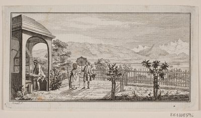 Een tuin terras in Genthod met een wandelend paar door J.F. Clemens