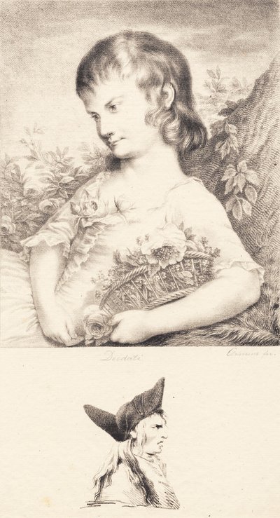 Een klein meisje met een bloemenmand en mannenportret door J.F. Clemens