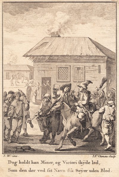 De baljuw te paard, aan het hoofd van het Anholt-leger door J.F. Clemens