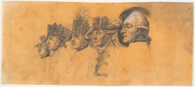 Voorstudie voor vijf van de hoofden voor de gravure: Frederik de Grote rijdt naar huis na een revue in Potsdam door J.F. Clemens