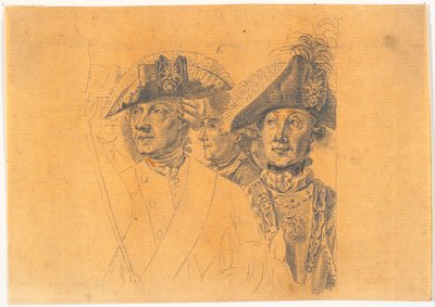 Voorstudie voor vier van de hoofden voor de gravure: Frederik de Grote rijdt naar huis na een revue in Potsdam door J.F. Clemens