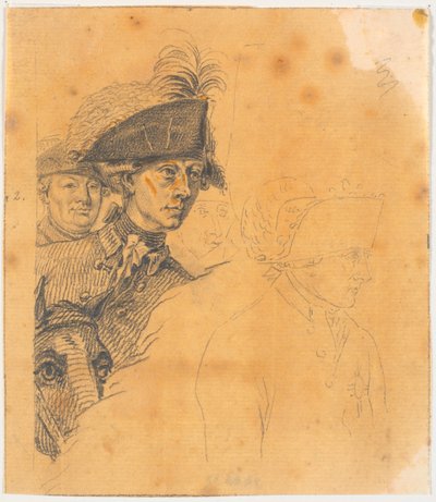 Voorbereiding voor de gravure: Frederik de Grote rijdt naar huis na een revue in Potsdam door J.F. Clemens