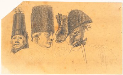 Voorbereiding voor drie van de hoofden voor de gravure: Frederik de Grote rijdt naar huis na een revue in Potsdam door J.F. Clemens