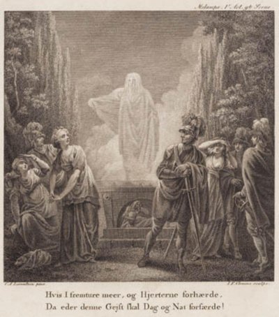 Melampe. Als jullie blijven volharden en de harten verharden, zal deze geest jullie dag en nacht verschrikken? Gravure naar Llorentzens Holberg Galerij. door J.F. Clemens