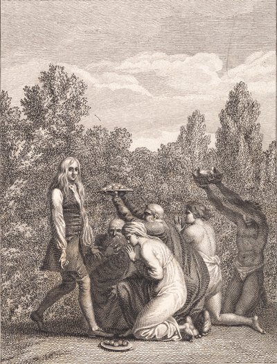 Niels Klim wordt geëerd door de Qvamiten, die hem geschenken brengen en voor hem knielen door J.F. Clemens