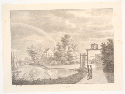 Sanderumgaards tuin met regenboog. Op de voorgrond twee mannen bij een hek door J.F. Clemens
