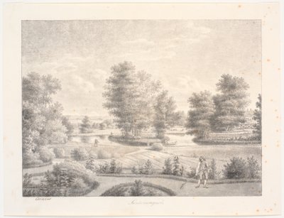 Sanderumgaards tuin met beboste eiland. Op de voorgrond man met hark door J.F. Clemens