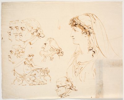 Zes mannelijke en een vrouwelijk profielhoofd en een vrouw in klassieke kleding die bloemen plukt door J.F. Clemens