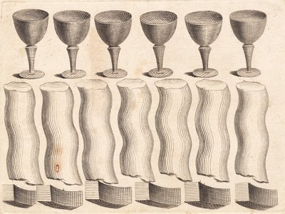 Studieblad van bekers en delen van een gedraaide ronde staaf door J.F. Clemens