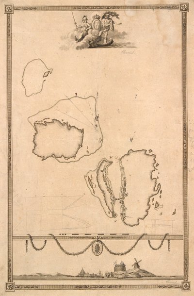 Titelvignet en uitzicht op kaart van Christiansø door J.F. Clemens