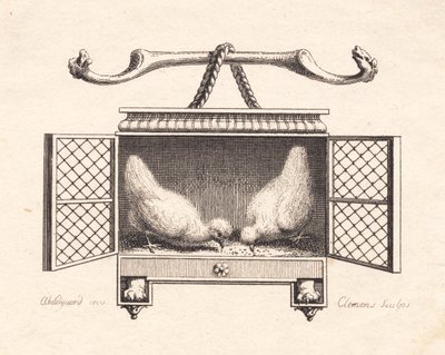 Vignet met twee kippen die graan oppikken door J.F. Clemens