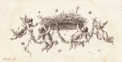 Vignet met slingerende bladeren en linten door J.F. Clemens