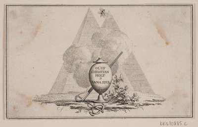 Vignet met vaas en inscriptie door J.F. Clemens