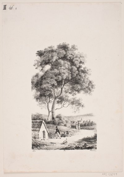 Wandelaars op een weg, links hoge bomen door J.F. Møller