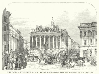De Royal Exchange en Bank of England (gravure) door J.L. (after) Williams