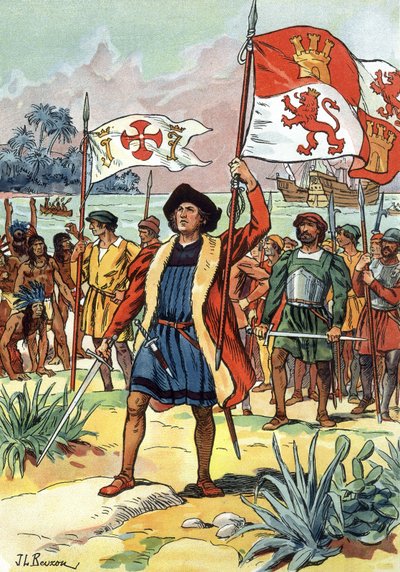 1492: Christoffel Columbus arriveert in Amerika met Spaanse vlag door J.L Beuzon (fl.1880 1940)