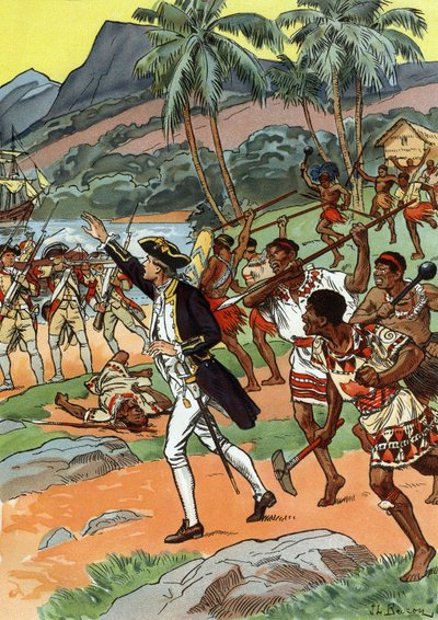 Dood van James Cook gedood door de lokale bevolking in Hawaï door J.L Beuzon (fl.1880 1940)