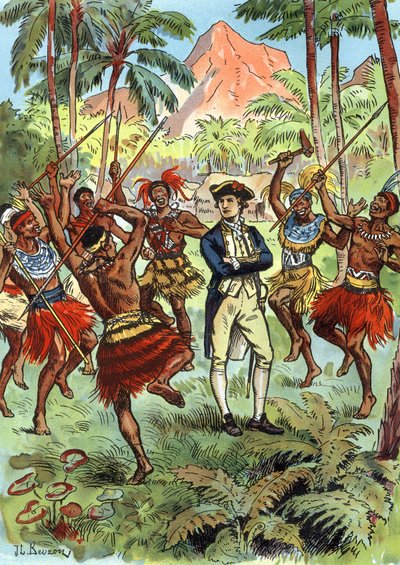 James Cook (1728-1779) en lokale bevolking in Hawaï door J.L Beuzon (fl.1880 1940)