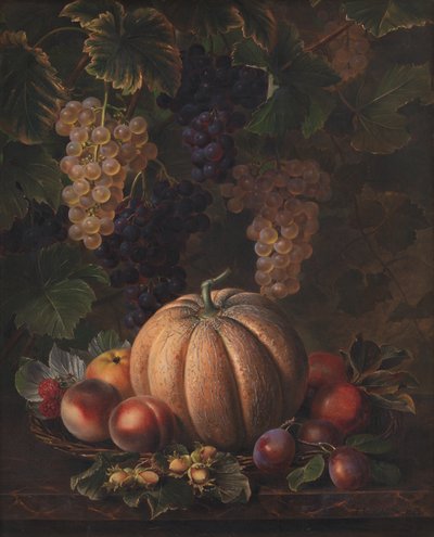 Verschillende Vruchten, waaronder Meloen en Druiven door J.L. Jensen